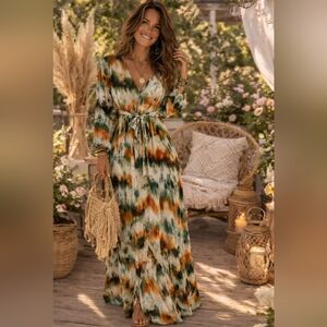 Elegant Long Sleeve Tie-Dye Maxi Dress.Pit To Pit 17"